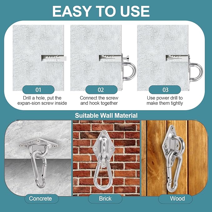 Hammock Hooks 4 Pack, Heavy Duty Hammock Hanging Kit, M8 304 Stainless Steel - Image 6