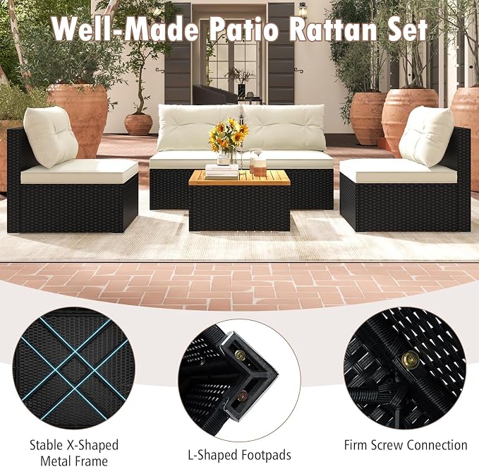 Tangkula 5 Piece Rattan Sofa Set, Patiojoy Outdoor Wicker Furniture Set - Image 5