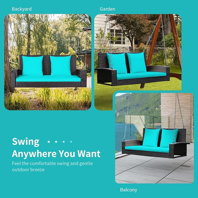 RELAX4LIFE Porch Swing 2-Seat Patio Rattan, Wicker Porch Swings Outdoor W/Two - Image 9