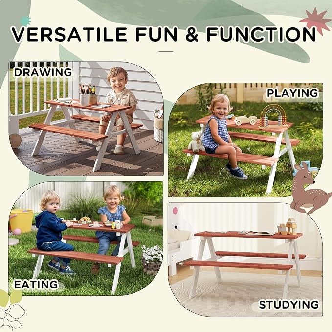 Outsunny Kids Picnic Table Set, Wooden Table & Bench Set, Kids Patio Furniture - Image 3