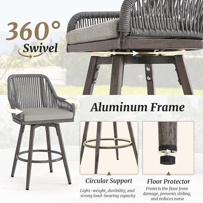 Outdoor Bar Stools Set of 3, 360° Swivel Aluminum Rattan Bar Stool - Image 6