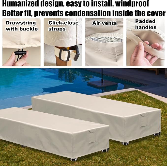 Outdoor Chaise Lounge Cover 2 Pack Patio Lounge Chair Covers Waterproof 600D - Image 5
