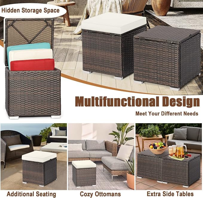 MEDIMALL Patio Wicker Ottoman Set of 2, Rattan Side Table w/Storage, Footstool - Image 5