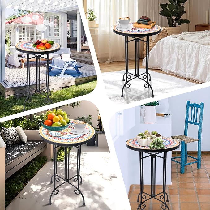 VCUTEKA Mosaic Outdoor Side Table, Round Rustproof Patio Tables - Image 6