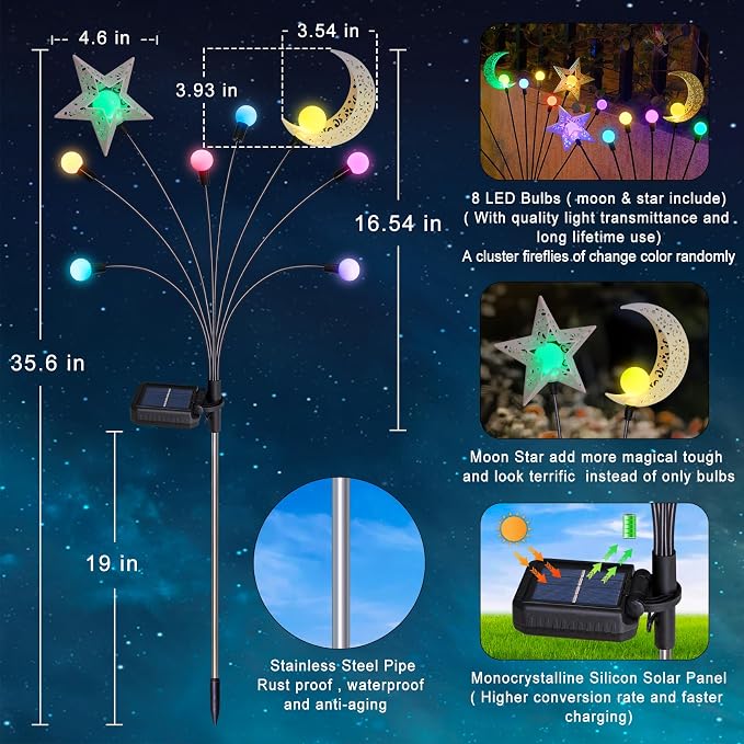 TAKE ME Solar Firefly Lights Outdoor Moon Star Sun Projection Stake Lights - Image 4