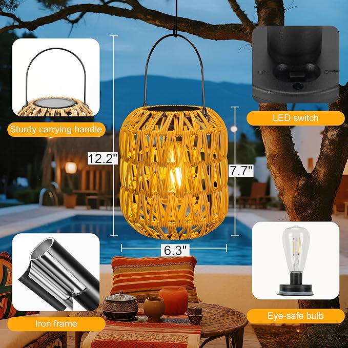 2 Pack Solar Lanterns Outdoor Waterproof, Rattan Solar Lantern - Image 6
