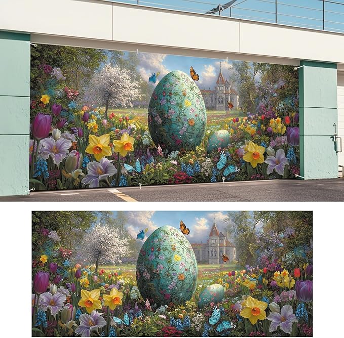 ANNA QUEEN Easter Garage Door Banner 6x13FT, Giant Floral Easter Egg Garden - Image 6