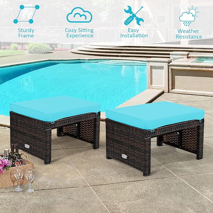 Tangkula 2 Pieces Patio Rattan Ottomans, All Weather Outdoor Footstool Footrest - Image 8