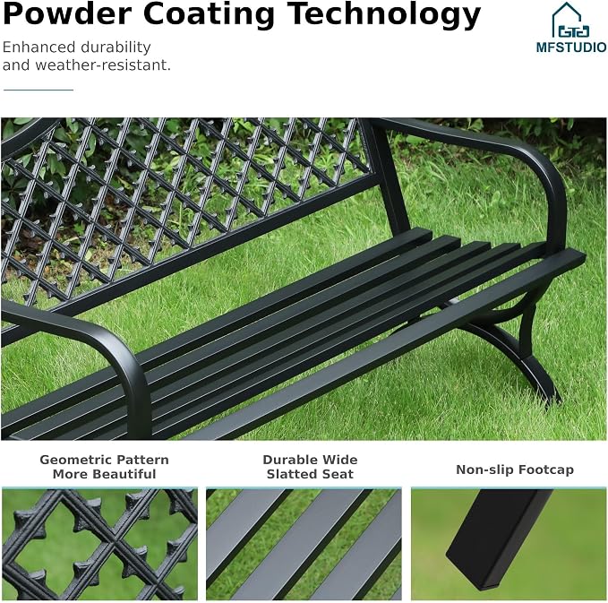 MFSTUDIO Outdoor Metal Bench Set of 2, Cast Iron Frame Patio Furniture - Image 7