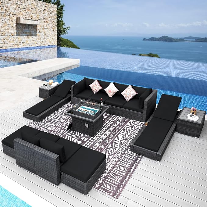 NICESOUL 13 Piece Patio Sectional w/Fire Pit, Modular Wicker Outdoor Couch by NICESOUL