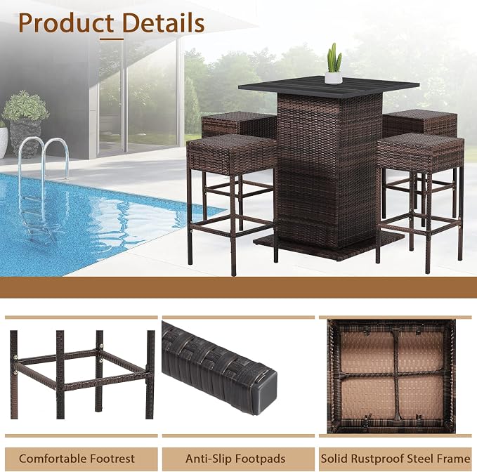 HAPPYGRILL 5 Piece Rattan Bar Set Outdoor Wicker Bar Table and 4 Bar Stools - Image 8