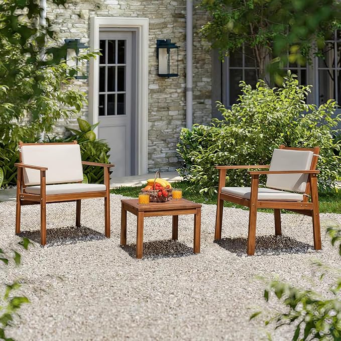 Devoko Patio Set 3 Piece Acacia Wood Outdoor Furniture Conversation Seat - Image 6