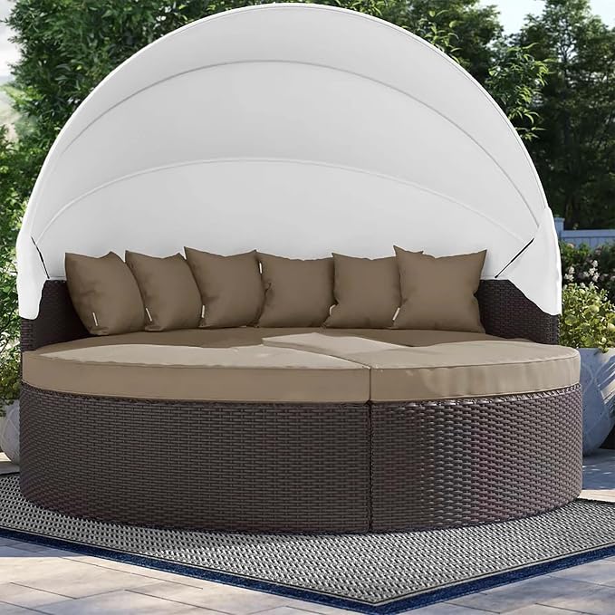 Modway Convene Wicker Rattan Outdoor Patio Retractable Canopy Round Poolside - Image 4