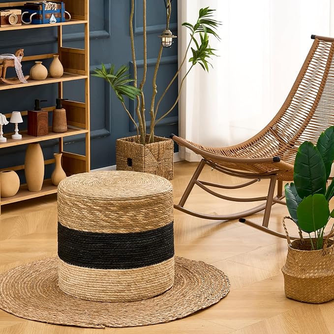 Wimarsbon 18'' Ottoman Pouf, Natural Braided Poof, Rustic Handweave Lounge - Image 2