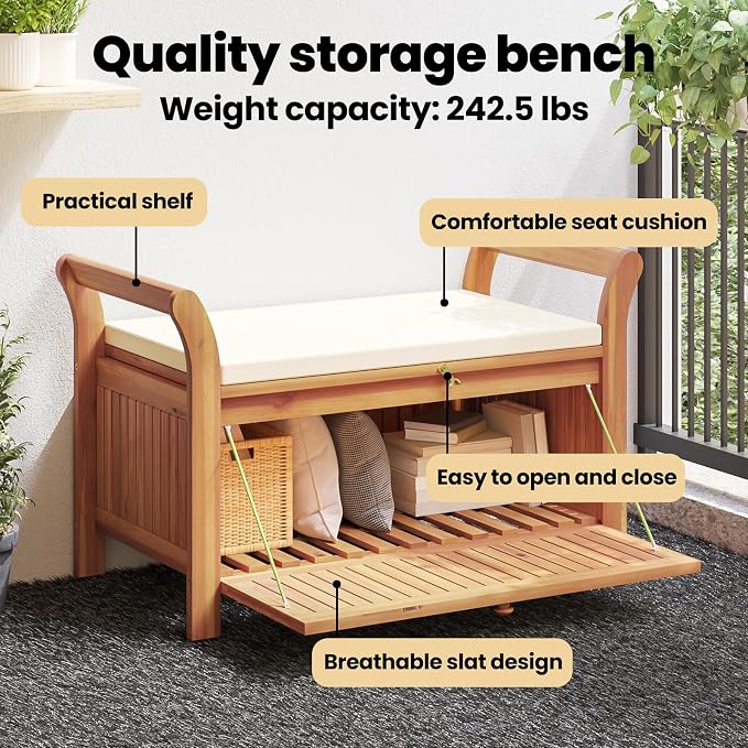 vidaXL Garden Storage Bench, Solid Acacia Wood, Classic Outdoor Design - Image 7