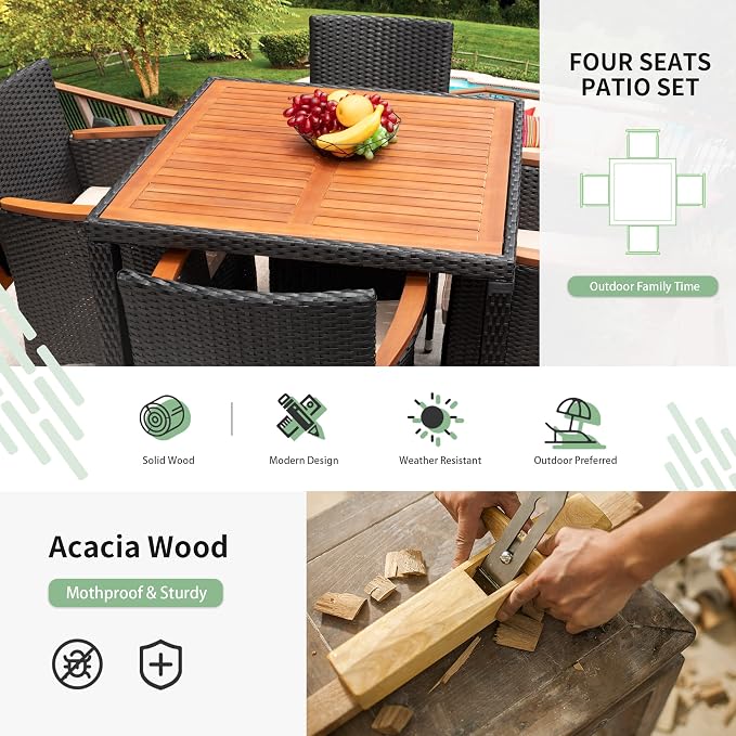 Flamaker 5 Piece Patio Dining Set Outdoor Acacia Wood Table and Chairs - Image 5