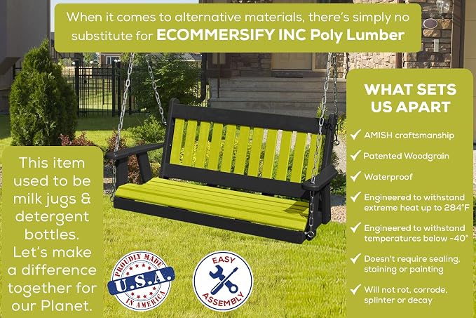 Mission Poly Lumber Wood 5FT Porch Swing Amish Craftsmandship Made in USA HDPE - Image 3