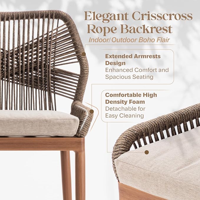 IDZO Boho Rope Bar Stools Set of 2, 400lbs Capacity, Cushions & Ergonomic - Image 4