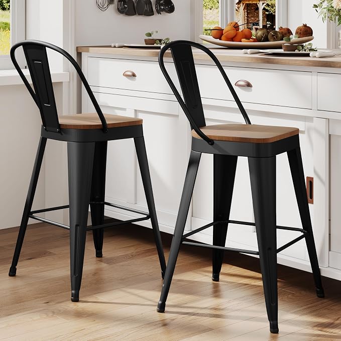 ALISH 26 Inch Industrial Bar Stools Set of 2, High Back Metal Barstools - Image 4