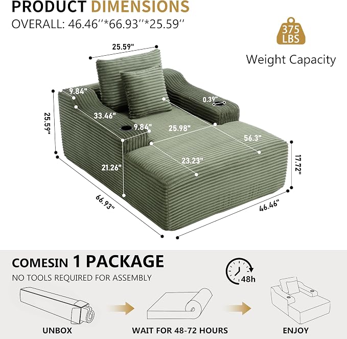 67" Oversized Chaise Lounge Chair Indoor, Soft Boneless Cloud Couch Chair - Image 2