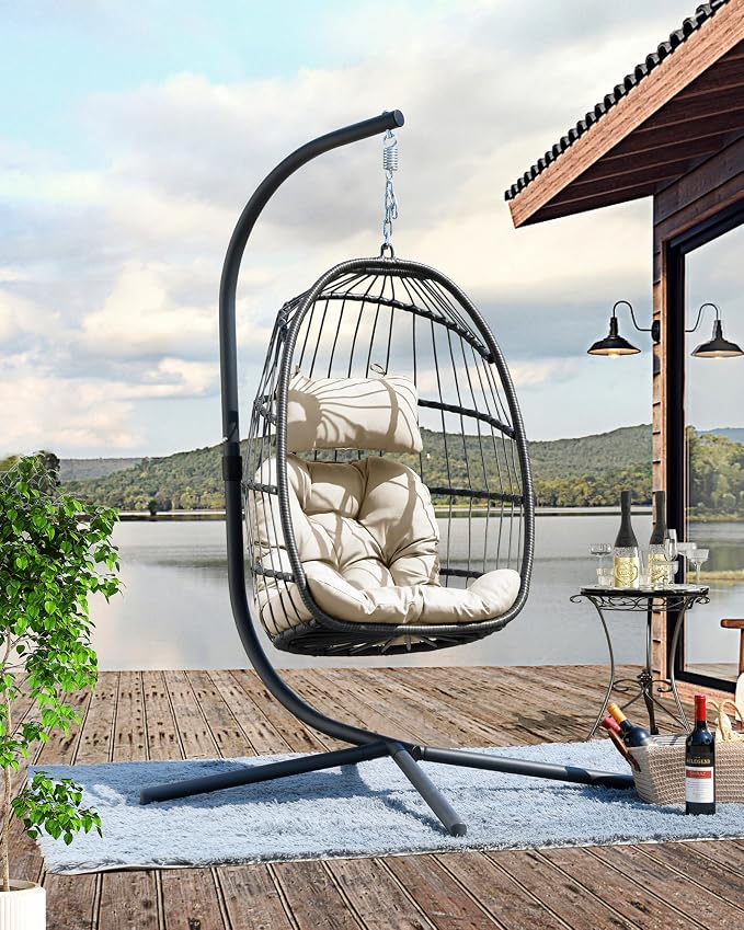 FREDEES Egg Swing Chair with Stand, Outdoor Hanging Egg Chair with Cushion - Image 3