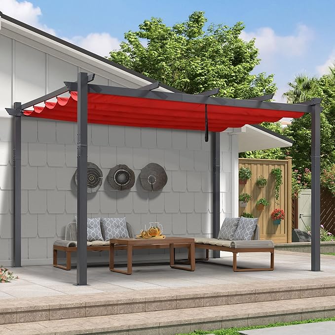 PURPLE LEAF 9.5' X 13' Outdoor Retractable Pergola Against The Wall by PURPLELEAF