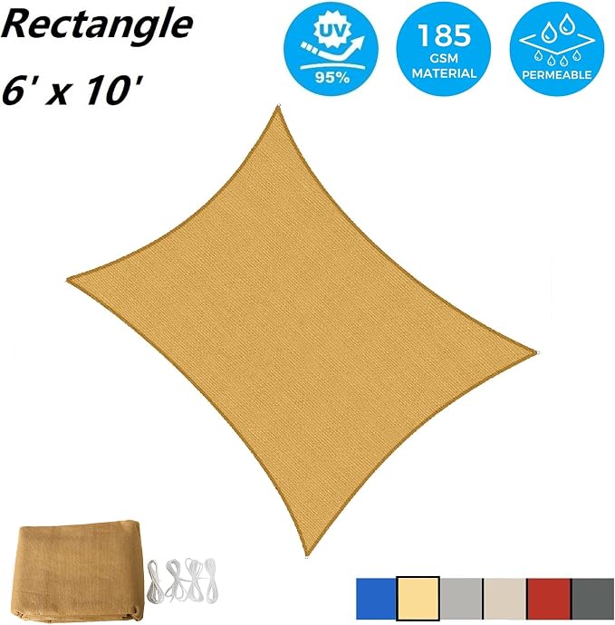 AsterOutdoor Sun Shade Sail Rectangle 6' x 10' UV Block Canopy - Image 2