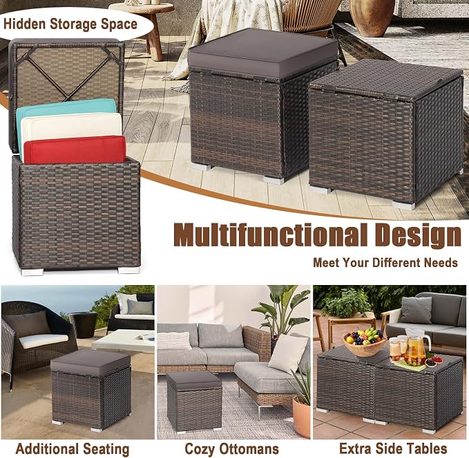 RELAX4LIFE Wicker Outdoor Storage Ottoman, 2-Piece Rattan Footstool w/Removable - Image 8