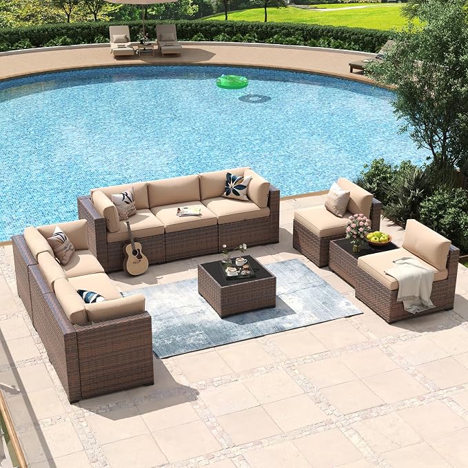 Aoxun 10 Piece Patio Furniture Set Wicker Rattan Patio Conversation Set Outdoor - Image 9