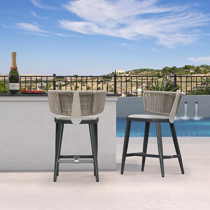 PURPLE LEAF Outdoor Counter Height Bar Stool Set of 2 Modern Rattan Bar Chairs - Image 9