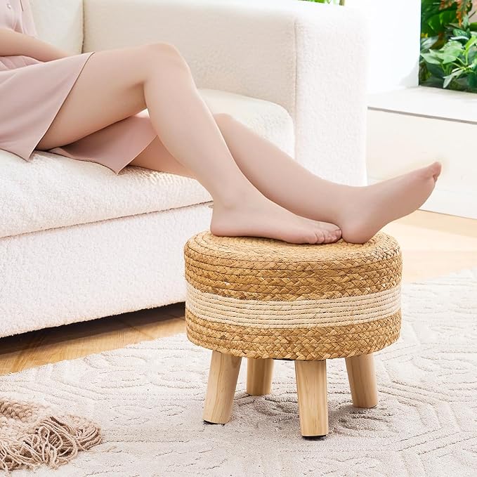 Handwoven Round Ottoman, Natural Water Hyacinth Outdoor Patio Pouf Seagrass Low - Image 4