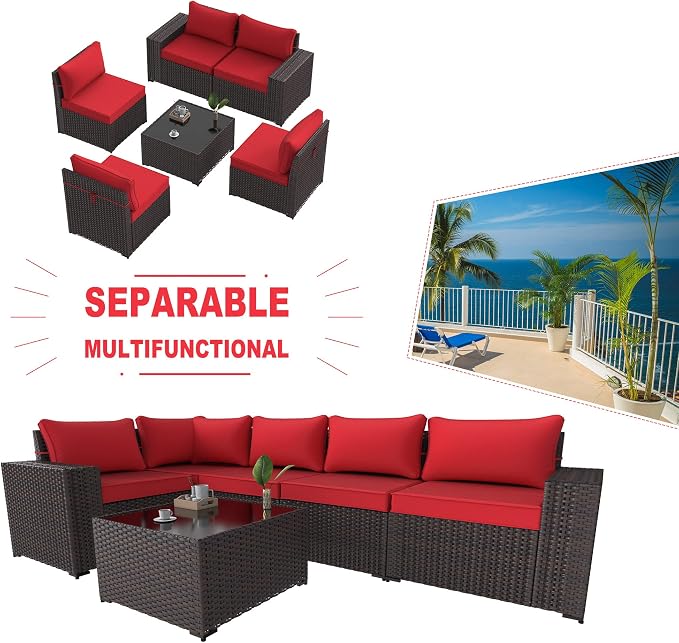 Kullavik Outdoor Patio Furniture Set 6 Pieces Sectional Rattan Sofa Set Brown - Image 6