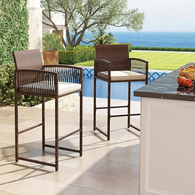 Tangkula Patio Bar Stools Set of 2, PE Rattan Bar Height Chairs - Image 2