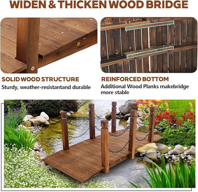 Wooden Garden Bridges for Outdoors 5ft, Garden Bridge for Backyard Yard Patio - Image 3