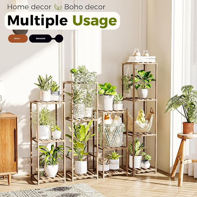 Bamworld 4 Sets Tall Plant Stands Indoor Outdoor Combo Plant Shelves Wooden - Image 4