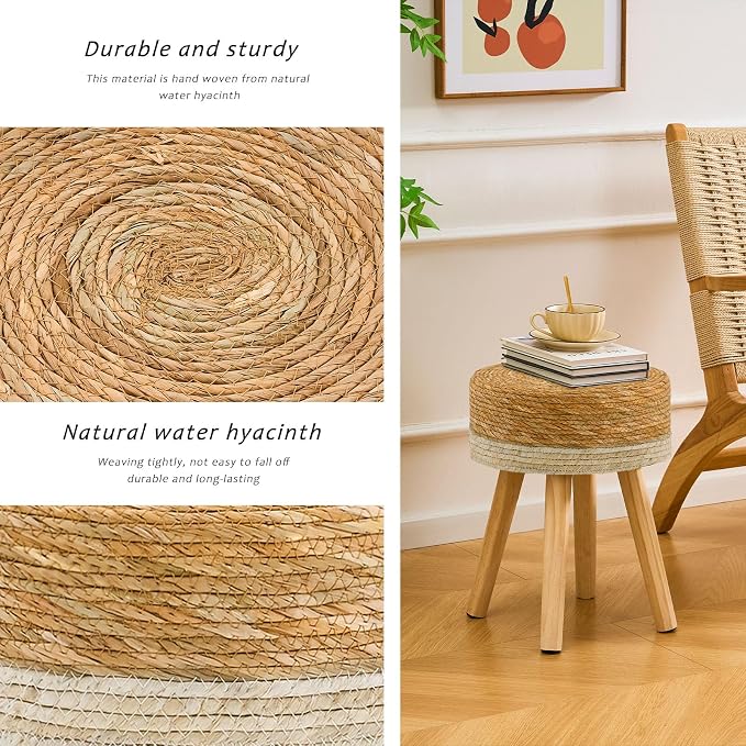 Handwoven Outdoor Ottoman, Water Hyacinth Pouf Round Patio Footstool - Image 5
