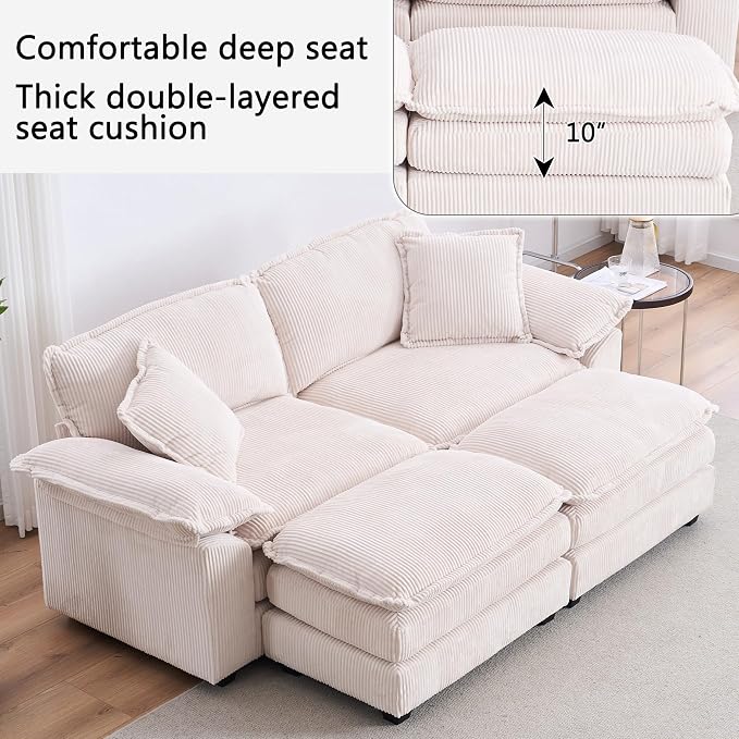 84.6” Corduroy Loveseat with Ottoman, Oversized Double Chaise Lounge Chair - Image 7