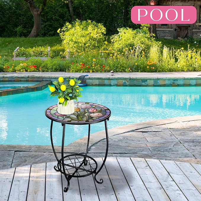 Outdoor Side Table Round Small Mosaic Patio Accent Indoor End Plant Coffee Tea - Image 6