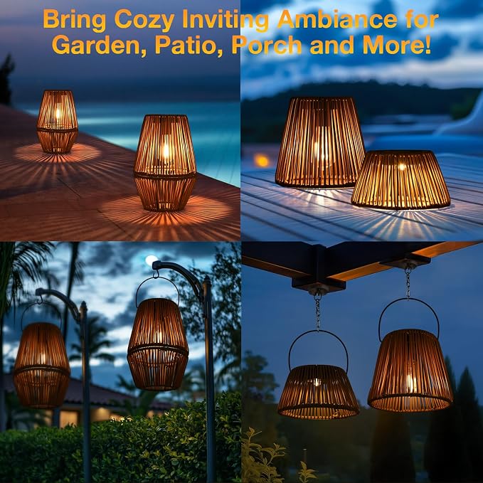 Uspring 2 Pack 3-in-1 Solar Lanterns Outdoor Waterproof Rattan Woven Hanging - Image 6