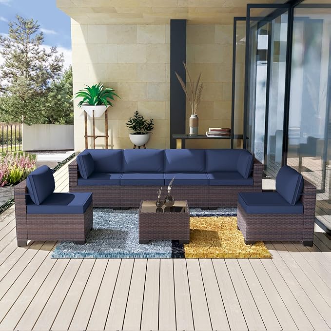 Kullavik 7 Pieces Outdoor Patio Furniture Set, Sectional Rattan Sofa Set Brown by KULLAVIK