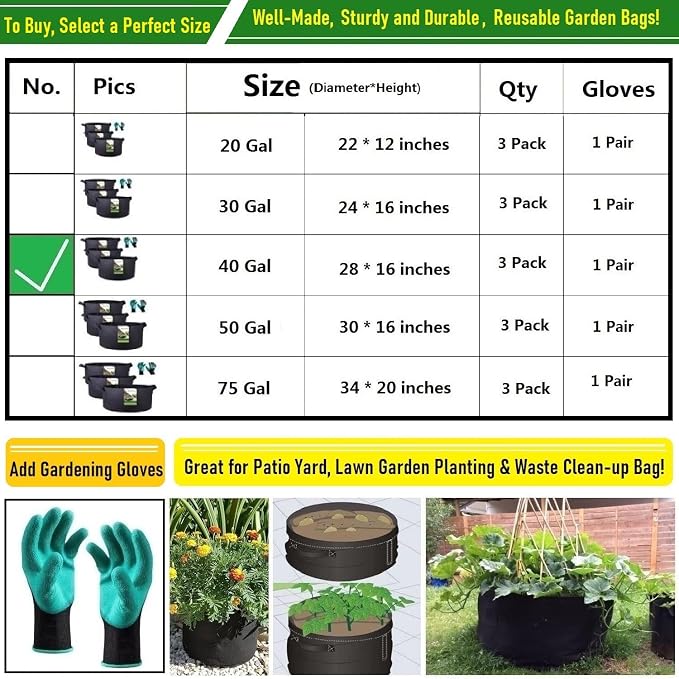3-Pack 40 Gallon Thickened Plant Grow Bags Large Heavy Duty Garden Bag Fabric - Image 8