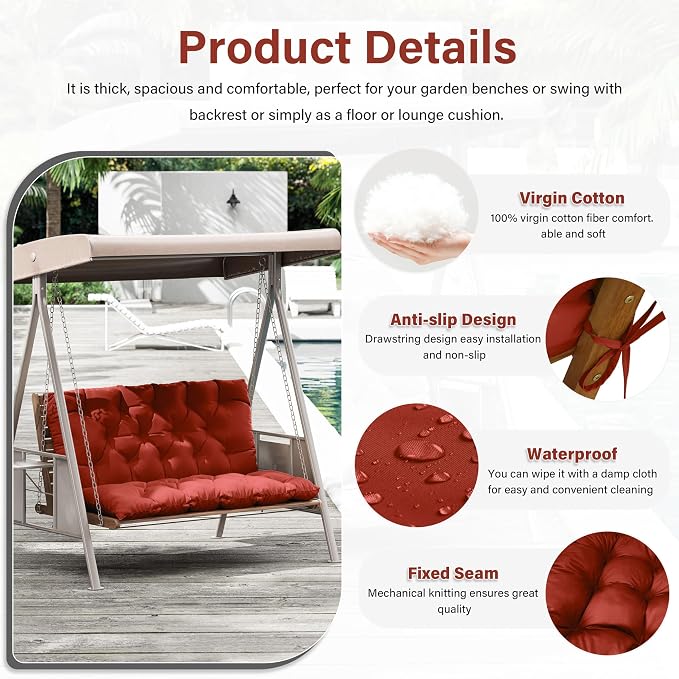 Porch Swing Cushion with Backrest, Waterproof Bench Cushion - Image 3