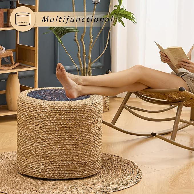 Handwoven Ottoman Pouf, Natural Seagrass Footstool, Round Braided Outdoor Seat - Image 2