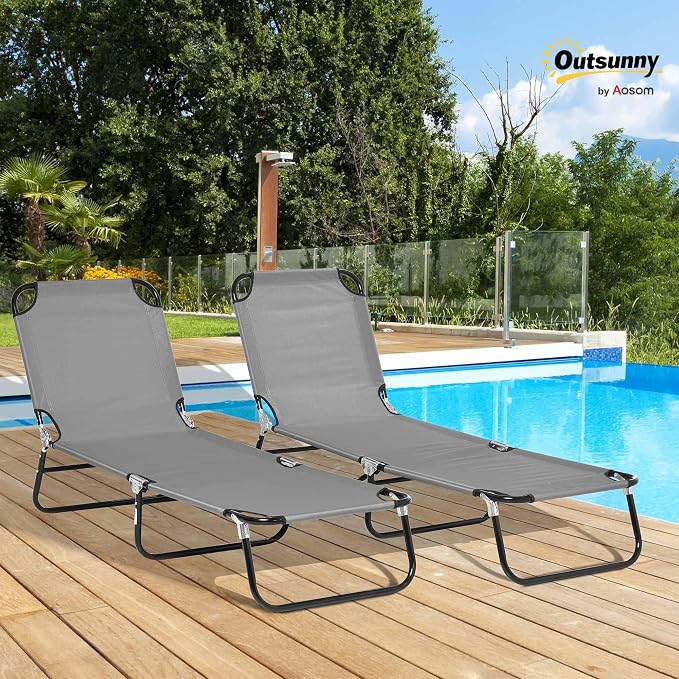 Outsunny 2 Piece Folding Chaise Lounge Pool Chairs, Outdoor Sun Tanning Chairs - Image 2