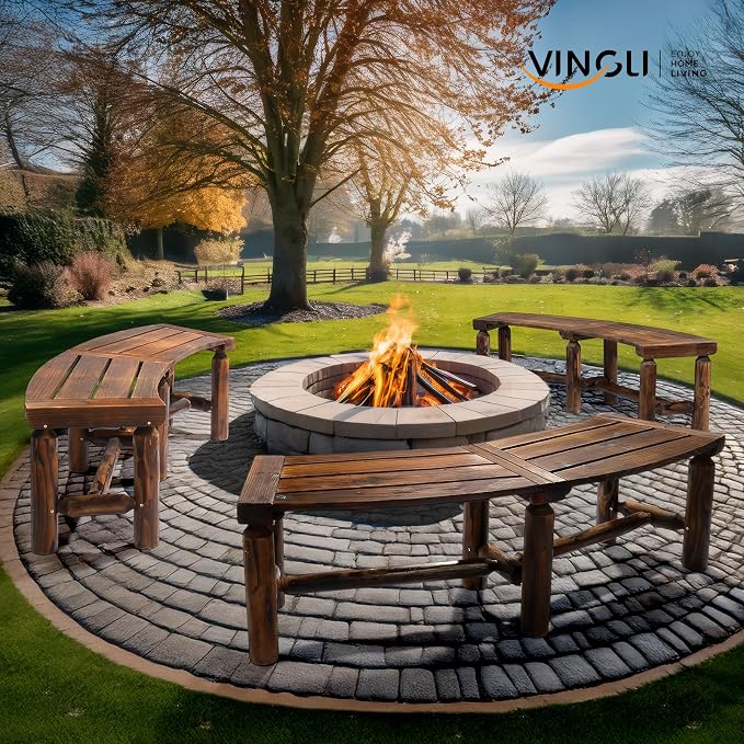 VINGLI Outdoor Bench Wooden Curved Bench, All-Weather Fire Pit Backless Patio - Image 2
