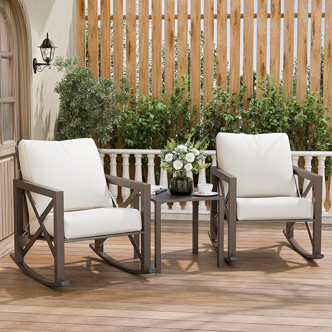 Outdoor Rocking Bistro Set, Patio Rocking Chairs Set of 2 by VonzoyHome