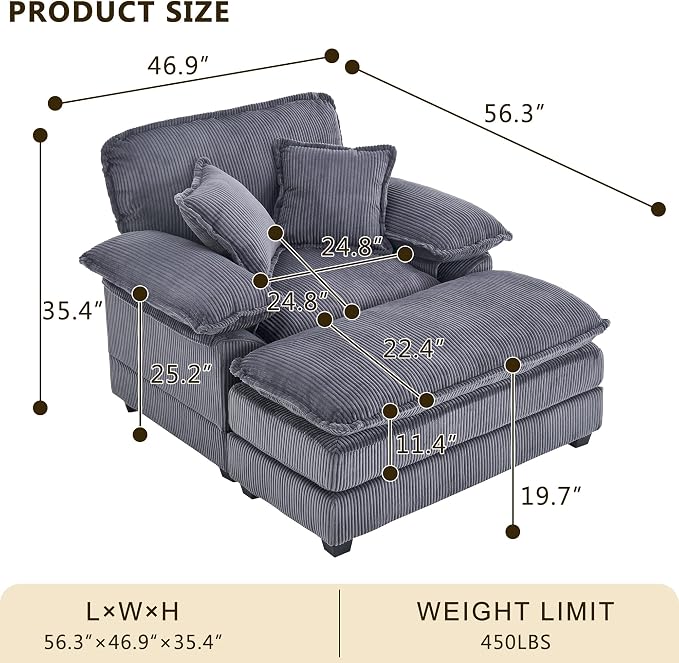 46.9" W Oversized Chair with Ottoman, Corduroy Upholstered Chaise Lounge Chair - Image 2