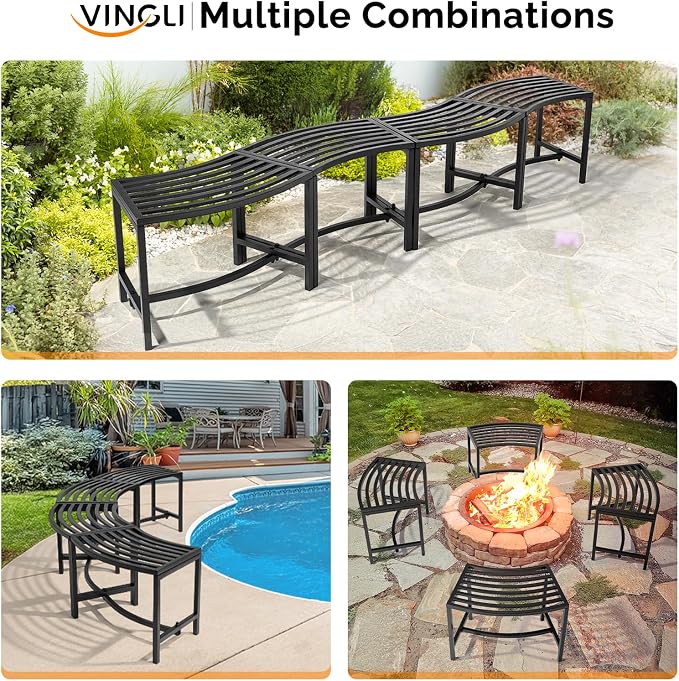 VINGLI Outdoor Metal Curved Bench, Weatherproof Fire Pit Bench Set of 4 - Image 6