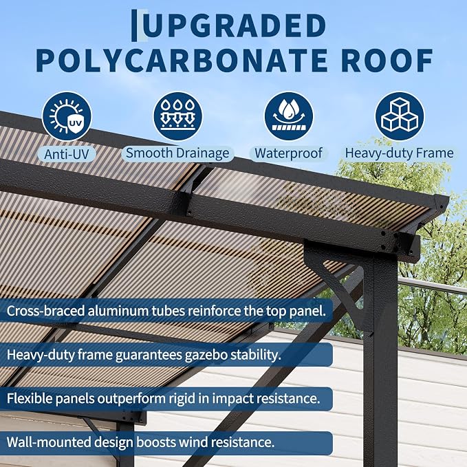 Garvee 10x10 ft Outdoor Lean to Gazebo, Wall Mounted Patio Hardtop Gazebo - Image 2