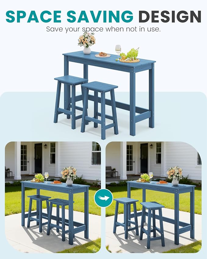SERWALL 3-Piece Outdoor Bar Set, Rectangular All Weather HDPE Bar Height Patio - Image 8